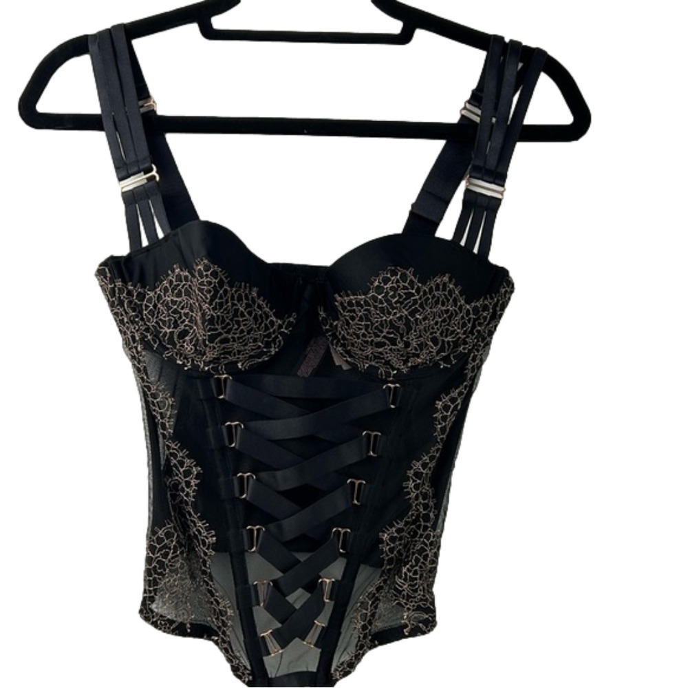 NWT Victoria's Secret Black Pink Chantilly Lace Corset Bustier Size 34C